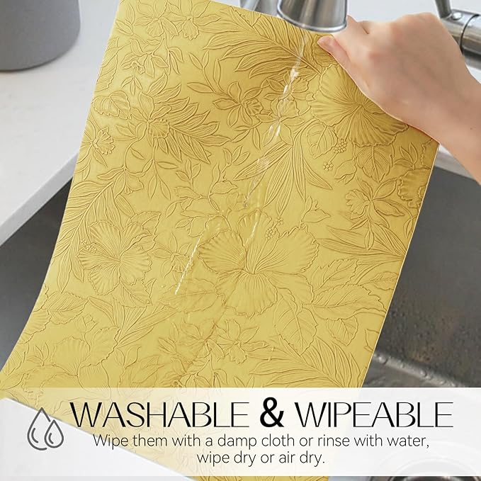 Romanstile Vinyl Placemats Set of 6-12 X 17 Inch - Heat Resistant Non-Slip Embossed Floral Place Mats 100% Waterproof Oilproof Wipeable Faux Leather Table Mats for Kitchen/Dining/Party, Yellow