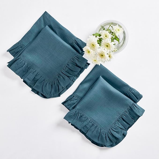 Solino Home Linen Ruffle Napkins Set of 4-100% Pure Linen Peacock Blue Dinner Napkins Cloth 20 x 20 Inch - Gabrielle Ruffle, Handcrafted and Machine Washable