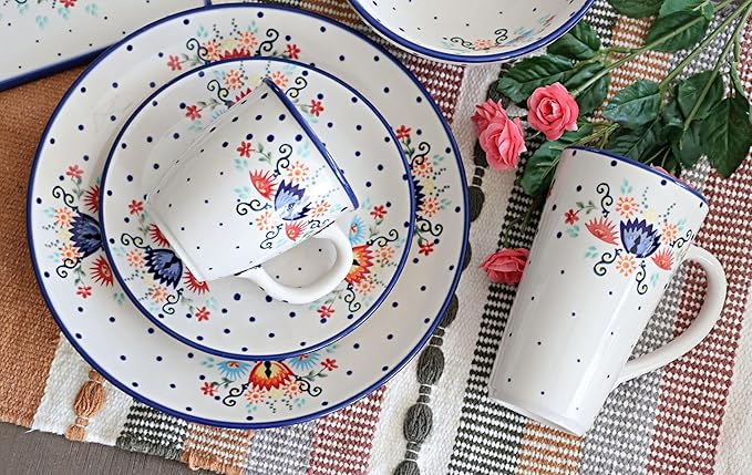 Blue Rose Polish Pottery - Red Desert Flower 16 Piece Dinner Set - 4 Place Settings - Great for Everyday Dining, Casual Dining, or as Formal Dinnerware