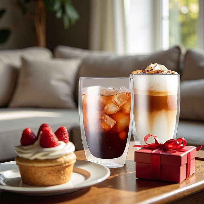 MESNEY 17 Oz(500ml) Double Walled Glass Coffee Mugs, Glass Coffee Mugs Set of 4, Insulated Clear Cappuccino Latte Mugs for Home, Cafe & Restaurant, Durable Stackable Drinking Glasses