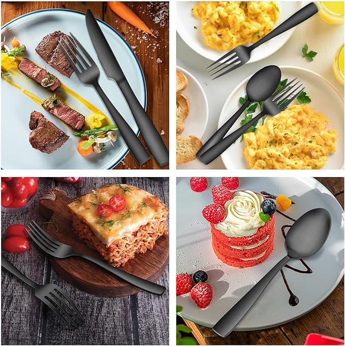E-far Matte Black Silverware Set for 4, 20 Pieces Stainless Steel Flatware Eating Utensils Set for Home Kitchen Restaurant, Metal Forks Spoons and Knives with Square Handle for Wedding Dinner Party