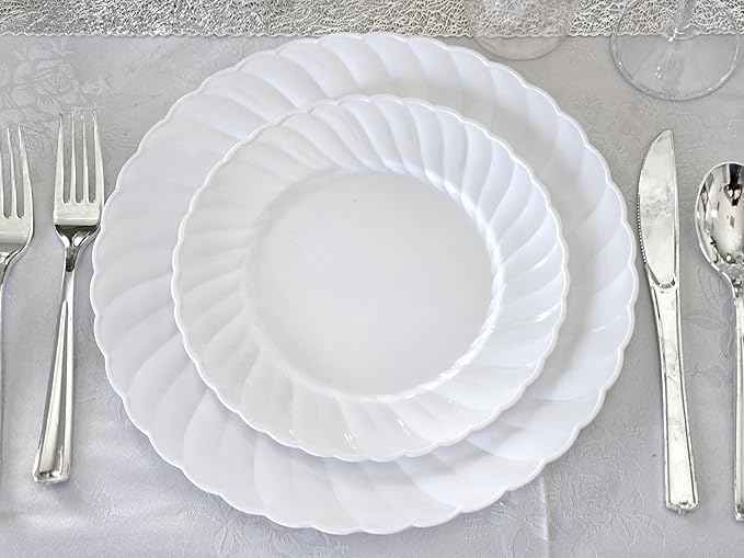 " OCCASIONS " 960pcs set (120 Guests)-Vintage Wedding Party Disposable Plastic Plates -120 x 10.25'' + 120 x 7.5'' + Silverware + 12oz Cups + Napkins (Blossom in White)