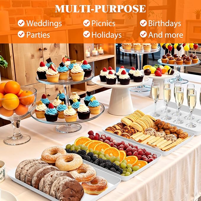 6-Pack Serving Tray Set, Reusable Plastic Serving Platter for Party Supplies, Entertaining, Grilling Accessories, Stackable Kitchen Snack Box Container for Dessert, Fruit, Cookie, (White)