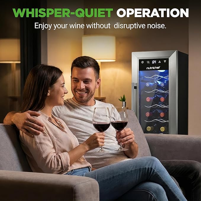 Nutrichef 12 Bottle Stainless Steel Slim Wine Fridge | Red & White Wine Chiller | Adjustable Temperature Control, Ultra Quiet Operation & Energy Efficient | Mini Wine Cooler Refrigerator | 31x10x17 IN