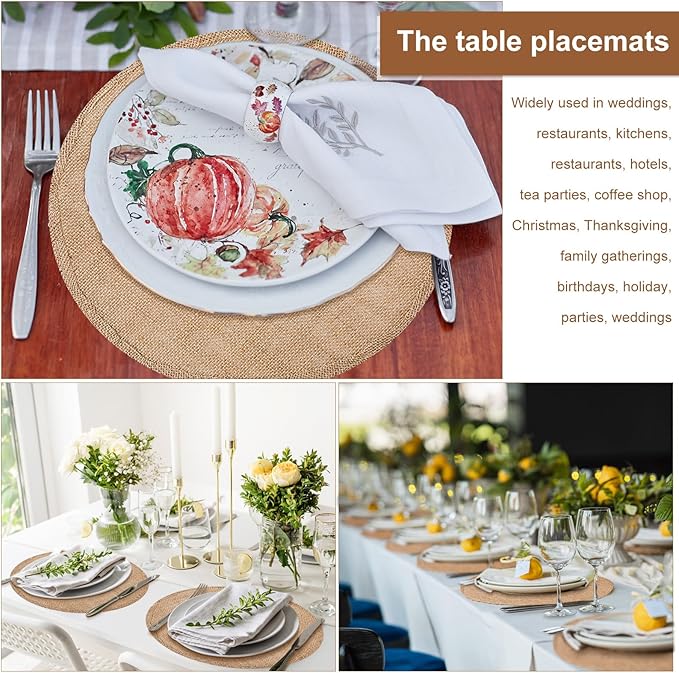 Yunlly Set of 48 Round Burlap Placemats Bulk Burlap Farmhouse Placemats Set Heat Resistant Table Mats Circle Jute Charger Place Mats for Wedding Holiday Dinner Rustic Table Decorations(11.8 in,Brown)