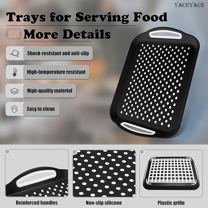Food Trays, Serving Trays Set, 2 Pack Black Food Trays - Non Slip, Silicone Grippy Dots Lap, Serving Trays for Food, Drink, Fruit, Dessert