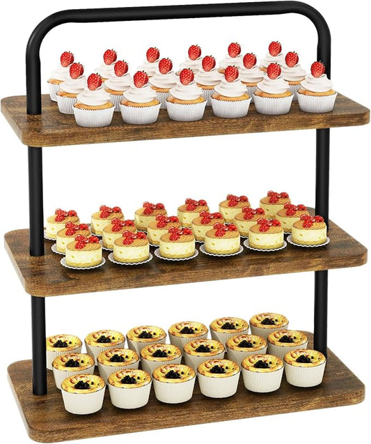 IBUYKE Wood Cupcake Stand,3 Tier Dessert Stand,Cupcake Stand for 50 Cupcakes,Cupcake Tower Dessert Display Stand for Party, Christmas, Wedding, Baby Shower, Serving Tray,Rustic Brown UTLJ013H