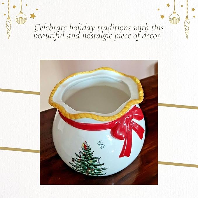 Spode Christmas Tree Candy Bowl with Lid, 8" Fine Earthenware Holiday Treat Storage Jar, Covered Box with Teddy Bear & Tree Motif, Holiday Serveware - Great for Festive Decor & Gifting