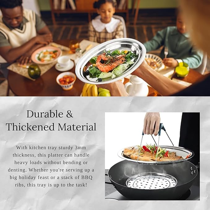 Chandler Stainless Steel Serving Tray - Oval Silver Food Tray - 3 mm Thick, Unbreakable - Anti Rust Serving Platter - Dinner Trays - Dishwasher Safe Kitchen Tray (Silver, 14 Inches)