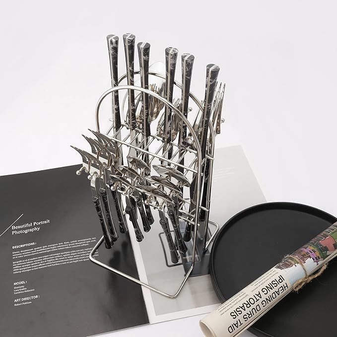 Stainless Steel Silverware Set with Holder - 25 PCS Silver Flatware Cutlery Set - Black Marble Texture Handle Design - Hanging Metal Eating Utensils Set Service for 6 - Party Tableware Set