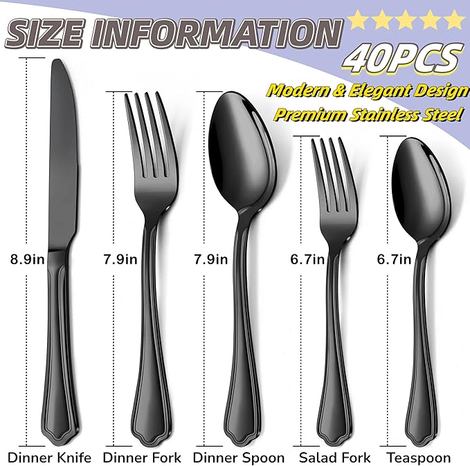 Herogo 40-Piece Black Silverware Set with Scalloped Edge, Stainless Steel Flatware Cutlery Set for 8, Modern Tableware Eating Utensils, Dishwasher Safe, Mirror Polished