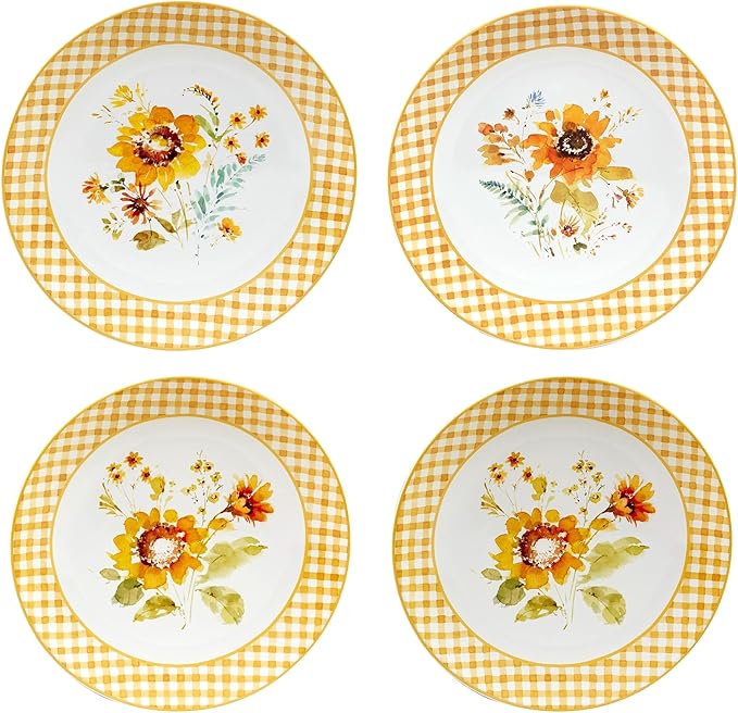 Unknown1 11" Dinnerware Plates Set of 4 X Multi Color White Yellow Floral Casual Farmhouse Round Ceramic Piece