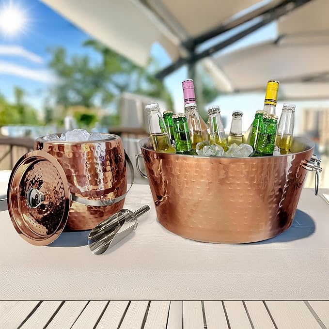 BREKX Rose Copper Beverage Tub and Ice Bucket with Lid and Scoop Party Combo Pack, Stainless Steel Double-Walled Insulated Barware Set