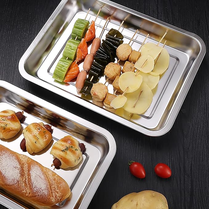 Breading Trays Set of 3 Stainless Steel Breading Pans for Dredging Chicken Breasts and Marinating Meat, Food Prep Serving Trays (12.4" x 8.5" x 1.9")