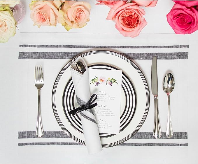 Solino Home Linen Dinner Napkins 20 x 20 Inch - 100% Pure Linen French Stripe Black and White Napkins Set of 4 for Winter, Holiday
