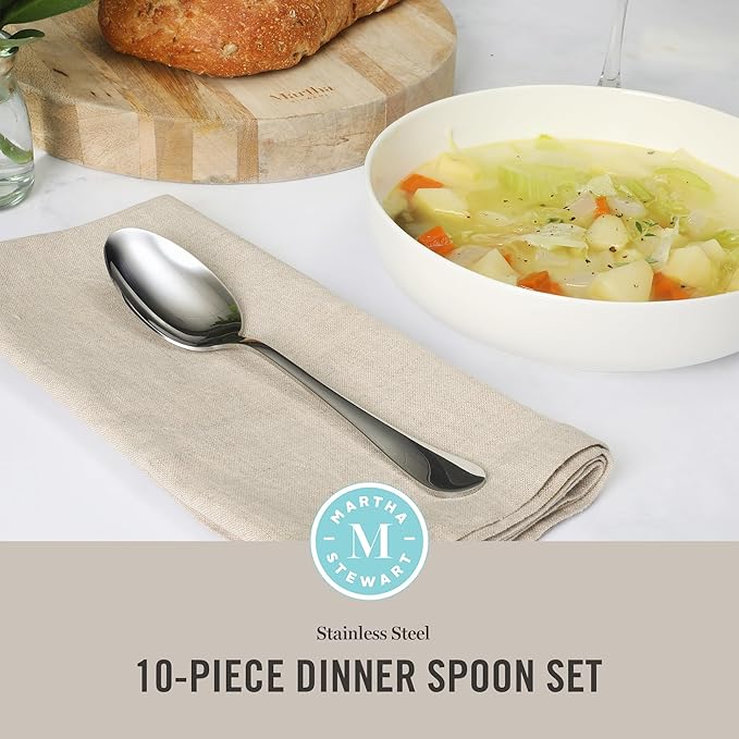 Martha Stewart Alness 10-Piece Dinner Spoon Set – Mirror Finish Stainless Steel Flatware, 3.0 mm Gauge, Durable Everyday Silverware