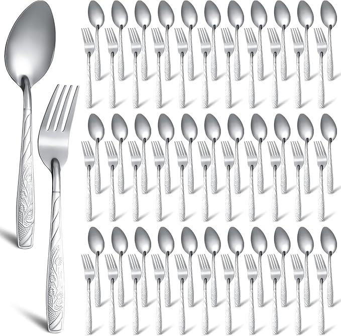 Minatee 200 Pcs Forks and Spoons Silverware Set Stainless Steel Flatware Cutlery Set Heavy Duty Metal Spoons and Forks for Kitchen Utensil Dinner Restaurant Home Mirror Polished (Flower)