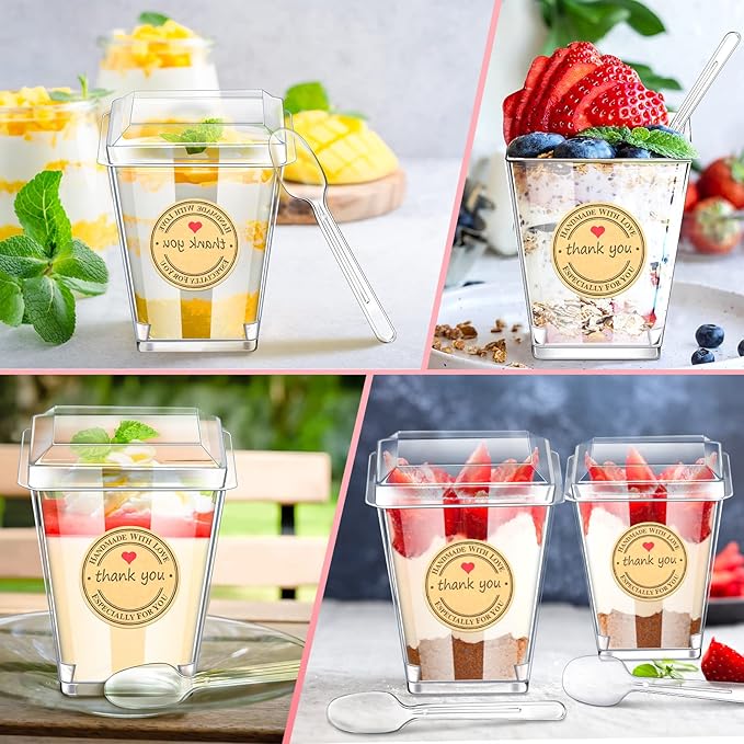 Sieral 100 Pack Plastic Dessert Cups with Lids and Spoons, Mini Clear Yogurt Parfait Cups with Stickers Small Appetizer Container for Fruit Pudding Shooter Party Wedding Halloween Christmas(Square)