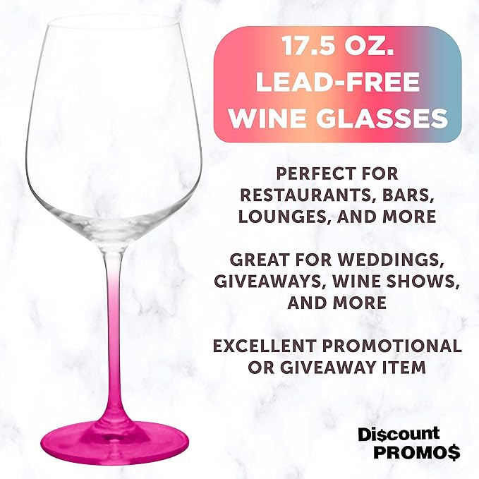 DISCOUNT PROMOS Crystal Wine Glasses 17.5 oz. Set of 12, Bulk Pack - Restaurant Glassware, Perfect for Red Wine or White Wine - Pink