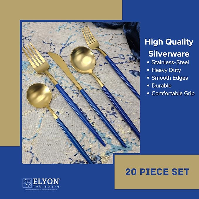 Elyon Lea 20 Piece Matte Gold/Blue Flatware Set, 18/10 Stainless Steel, Blue Thin Handles Silverware Set, Service for 4, Sturdy Cutlery Set, Heavy Duty Modern Satin Finish