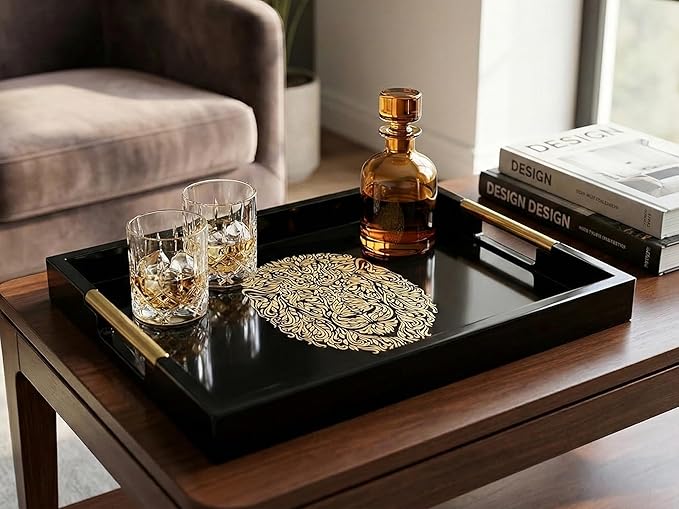 Modern Serving Tray with Lion Design, Ottoman Tray, Tea and Coffee Table Platter, Jewelry Bathroom Organizer, Gift, Gloss Finish