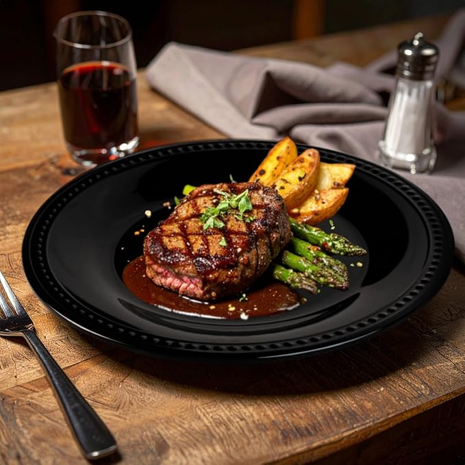 Melamine Beaded Dinner Plate Set of 6, BPA Free, Platter, Serving Dishes, Chip & Break Resistant, Lightweight, Great for Dining, Weddings & Everyday Meals (Black, 11in (Pack of 6))