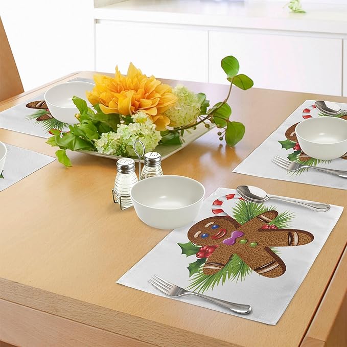 Ambesonne Gingerbread Man Place Mats Set of 8, Tasty Pastry on Coniferous Branches Candy Cane and Holly Berry, Washable Fabric Placemats for Dining Table, Placemat 8 pcs, Brown and Green