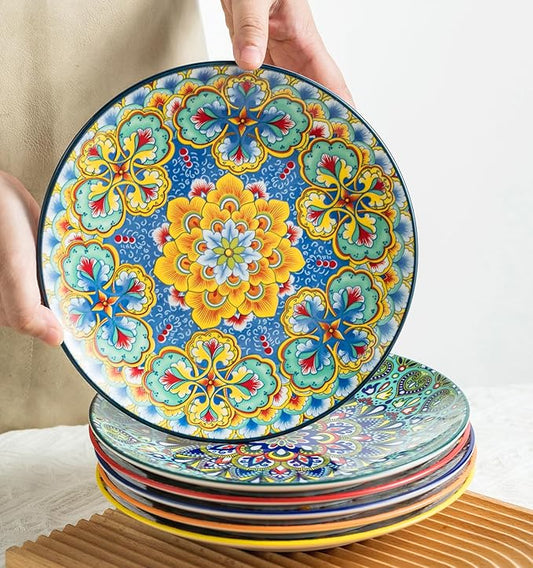 Ceramic Dinner Plates, 8.5 Inch Small Salad Dessert Plate Set of 6, Colorful Bohemian Plates for Appetizers, Snacks, Fruit, Small Plate Set for Kitchen & Restaurant, Microwave, Oven and Dishware Safe