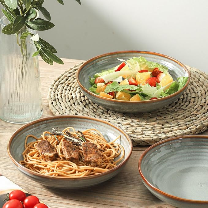 HASENSE Pasta Bowls Set of 4, 32 Ounce Ceramic Serving Bowls for Kitchen, 8.7 Inch Shallow Serving Dishes for Salad, Pasta, Soup, Dishwasher & Microwave Safe, Light Grey
