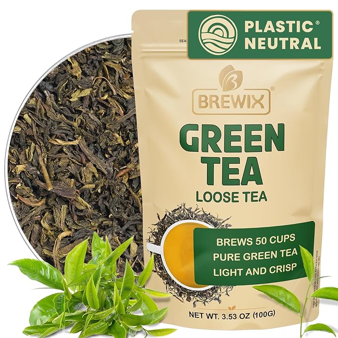 BREWIX, Green Tea Loose Leaf (50+ Cups, 3.53oz/100g) Gluten Free I High Elevation Grown Green Tea Leaves | Pure Single Origin Sourced Direct from India