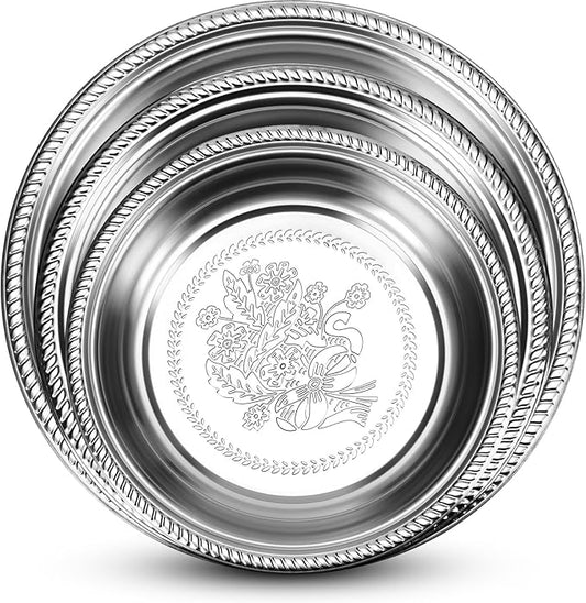 3 Pack Stainless Steel Large Silver Serving Trays Round Serving Platters 15.75" 13.78" 11.8" Metal Tray Set Mirror Tray for Party Kitchen Charcuterie(Floral Engraved)