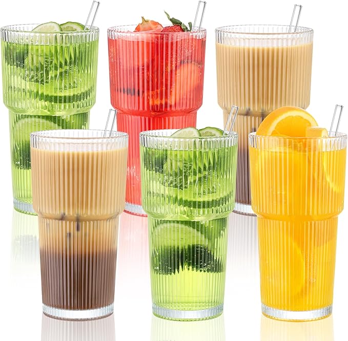 CWHHRN 20 Oz Glass Cups and Straw 6 Set, Glass Tumbler with Straw, Vintage Glassware for Whiskey Cocktail Beer, Iced Coffee Cups (6 PACK)