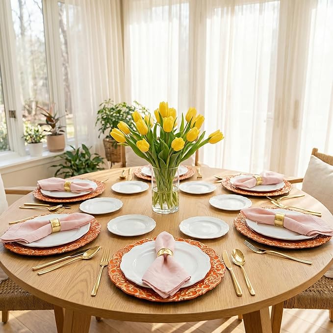 Orange Charger Plates with Gold Embossed Rim, 13 Inch Plastic Charger for Dinner, Party, Wedding, Table Setting. (Set of 6)