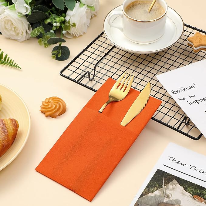 Cindeer 150 Pcs Orange Linen Dinner Feel Napkins with Built in Flatware Pocket Prefolded Paper Disposable Airlaid Guest Hand Towel for Silverware Wedding Reception Christmas Baby Shower