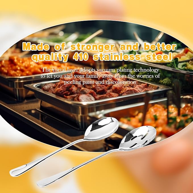 12 Pcs Stainless Steel Serving Spoon Set Including 6 Large Slotted Spoons 6 Serving Spoons Silver Utensils Cutlery Set for Kitchen Buffet Hot Pot Party, 9.9 Inch