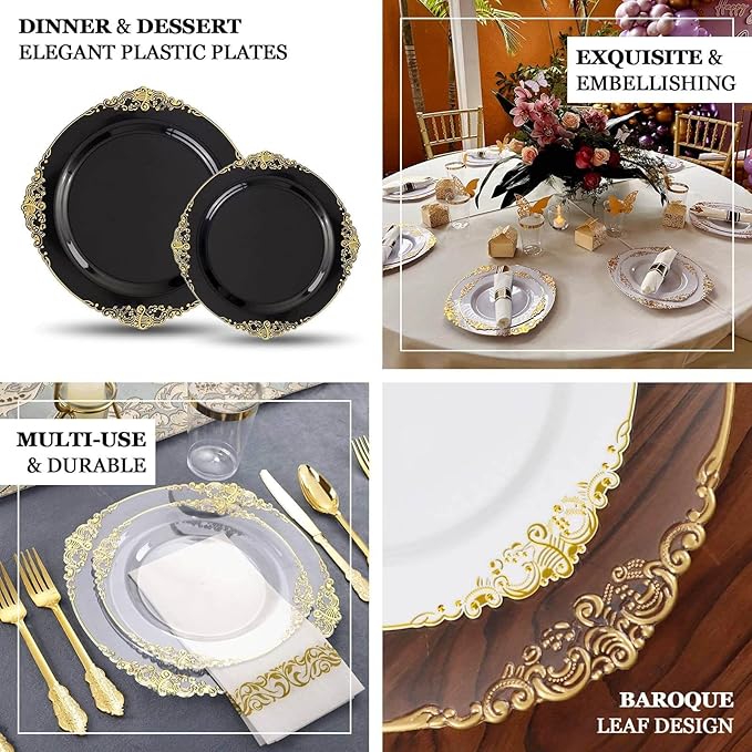 10" Dinner Plates -Set of 10 - Plastic Black Silver Round Baroque Disposable Chargers Leaf Embossed Rim, Ideal for Dinner Party Wedding Bulk Events