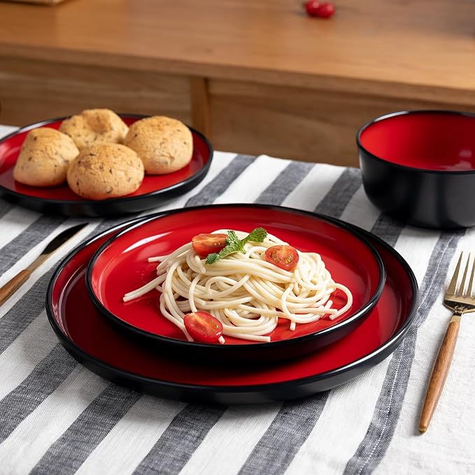 LEHAHA Melamine 12-Piece Modern Dinnerware Set, Kitchen Plates and Bowls Sets, Luxury 2 tone Red and Black Ceramic look Dish Set for 4.Christmas Luxury dinnerware dishes set.