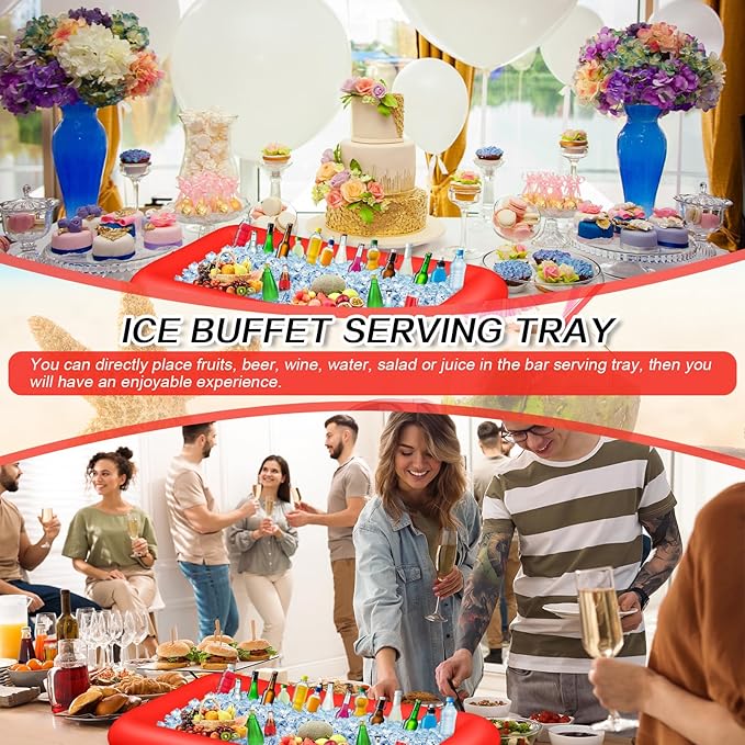 Leitee Inflatable Serving Bar with Drain Plug 52 x 24 x 5'' Inflatable Ice Serving Buffet Bar for Party Food Cooler Buffet Drink(Red,Basic Style)
