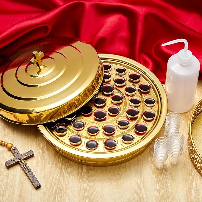 Zhehao 1 Set Holy Communion Trays for Churches with Lid, Churches Cup Fillers, 100 Disposable Communion Cups (Golden)