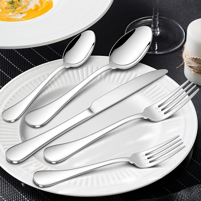 Herogo 18/10 Stainless Steel Silverware Set, 40-Piece Fancy Flatware Cutlery Set for 8, Modern Tableware Eating Utensils for Home Restaurant Wedding, Mirror Polished, Dishwasher Safe