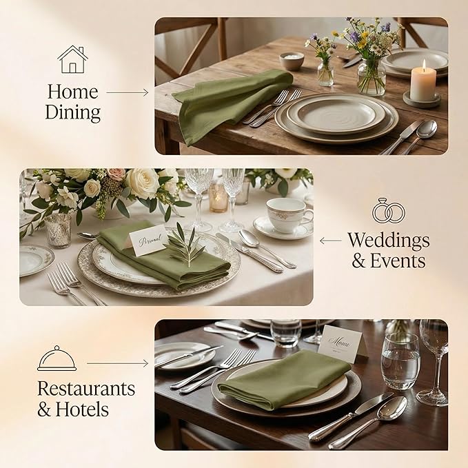 ACCENTHOME Accent Home 100% Cotton Napkins, Delicate Cloth Napkins for Dinners, Parties and Weddings，18 x 18 Inch Set of 12 - Olive Green