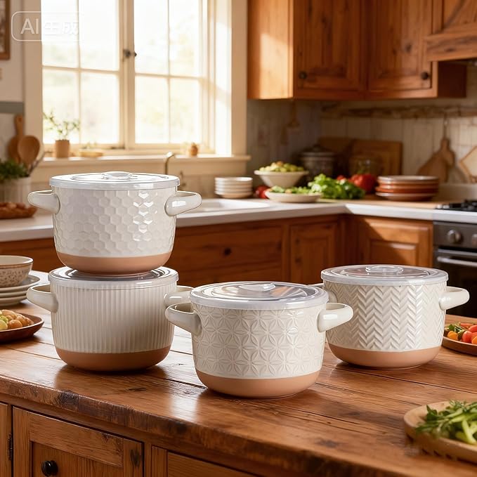 AmorArc 24 Ounces Soup Bowls with Large Handles and Lids, Stoneware Bowls Set of 2 for Soup,Stew, Noodle, Ceramic Kitchen Bowls With Embossed Patterns, Microwave&Dishwasher Safe, Light Beige