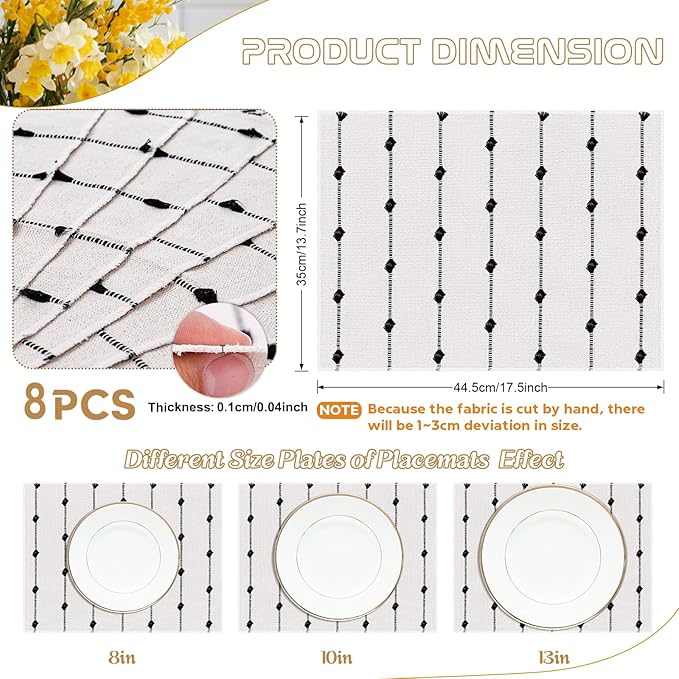 Placemats Set of 8 for Dining Table, Woven Cloth Place Mats for Modern Boho Farmhouse Kitchen Tabletop Decor, Rectangle Washable Polyester-Cotton Table Mats, Black and White Placemats, 13×17.5 inch