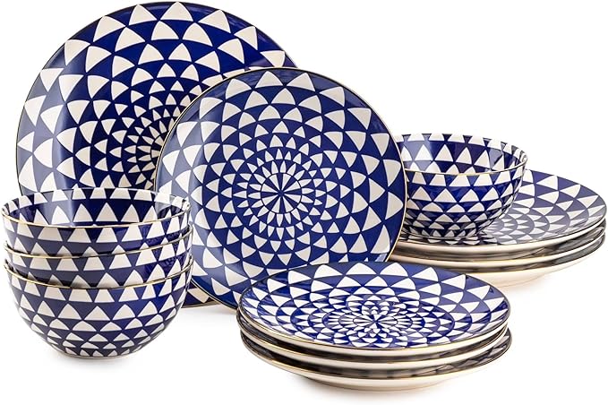 12-Piece Ceramic Dinnerware Set for 4, Plates and Bowls, Microwave and Dishwasher Safe (Blue and White)