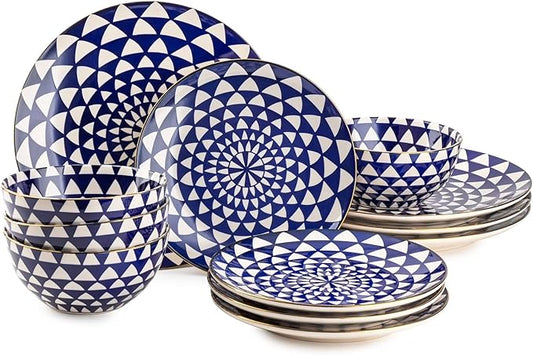12-Piece Ceramic Dinnerware Set for 4, Plates and Bowls, Microwave and Dishwasher Safe (Blue and White)
