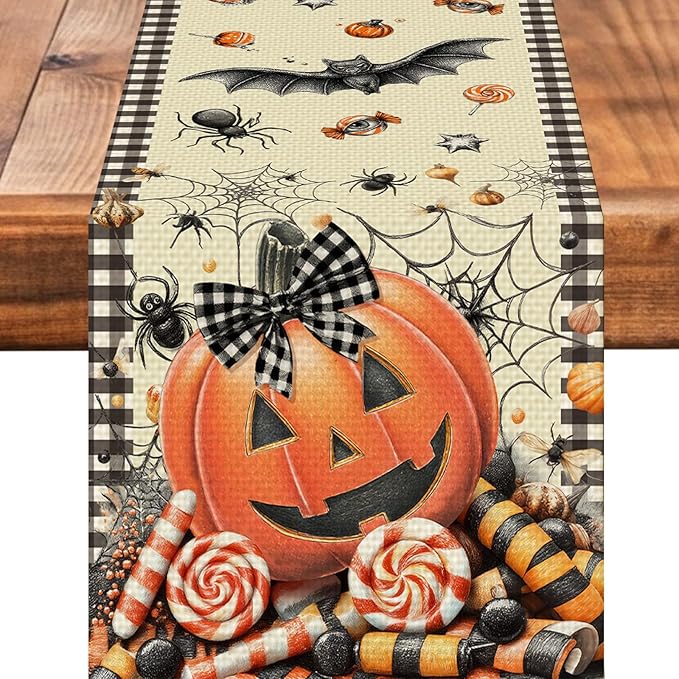 Pumpkin Halloween Table Runner Seasonal Fall Kitchen Dining Linen Table Decoration for Indoor Outdoor Home Party Decor 13 x 72 Inch
