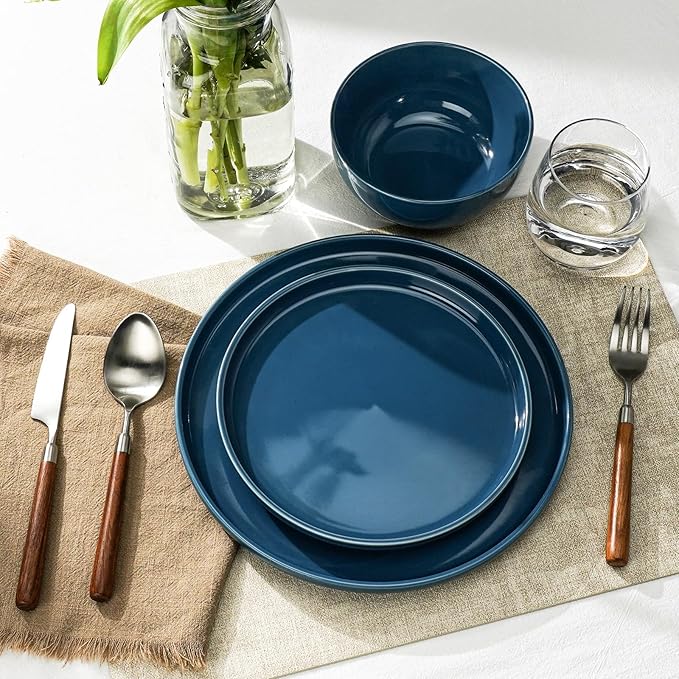 Kitchen Plates and Bowls Set Dinner Set for 4 Handpainted Dinner ware Sets, Microwave Safe Plates and Bowls Sets Stone Plate Scratch Resistant (Ocean Abyss)