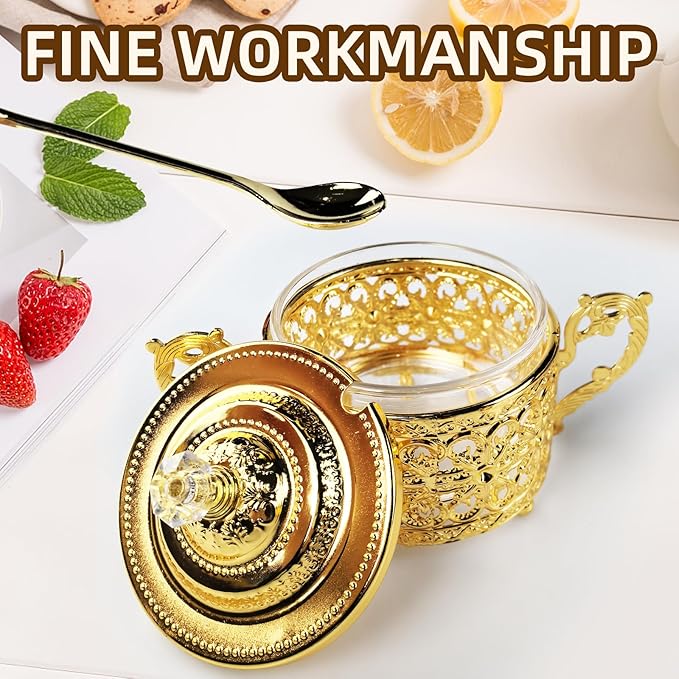 Flylin Sugar Bowl, Turkish Sugar Bowl with Lid and Spoon for Candy Cookie Honey, Golden Vintage Glass Seasoning Jar for Home and Kitchen Coffee Bar (4)