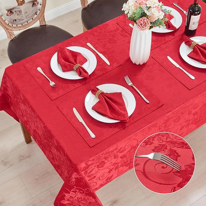 Rectangle Christmas Jacquard Table Cloth Waterproof Elegant Damask Floral Pattern Heavy Weight Wipeable Wrinkle Free Fabric Table Covers for Dinner or Daily Uses(Dark Red/60x104 Inch)