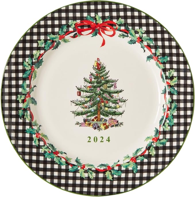 Spode Christmas Tree Collector Plate - Exclusive Border with Red Ribbon & Black Check, Seasonal Display or Holiday Tableware Use, 8" Porcelain Plate - Microwave & Dishwasher Safe, Great Holiday Gift